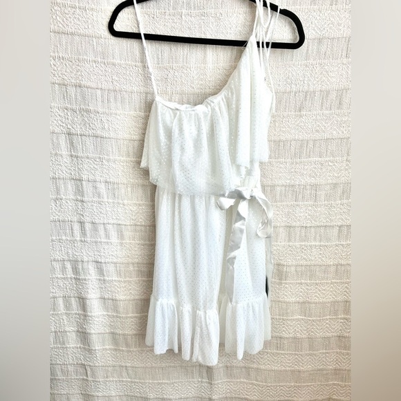 LULUS Adorable Event White Mesh One-Shoulder Swiss Dot Mini Dress Bridal - Picture 15 of 16